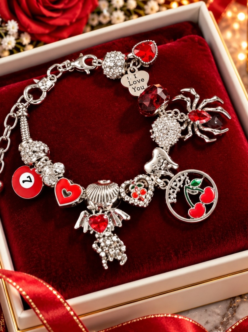 Silver Charm Bracelet with Red Heart & Cherry Charms